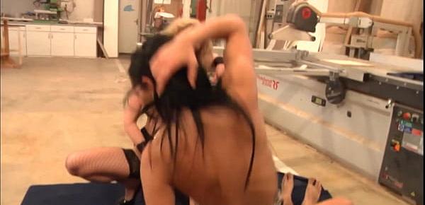  Two horny pornstars surprised working guy right in the warehouse, enjoy horny threesome